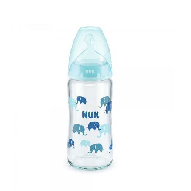 Nuk First Choice+ Γυάλινο Μπιμπερό Με Θηλή Σιλικόνης Για 0-6m Γαλάζιο Με Ελεφαντάκια, 240ml