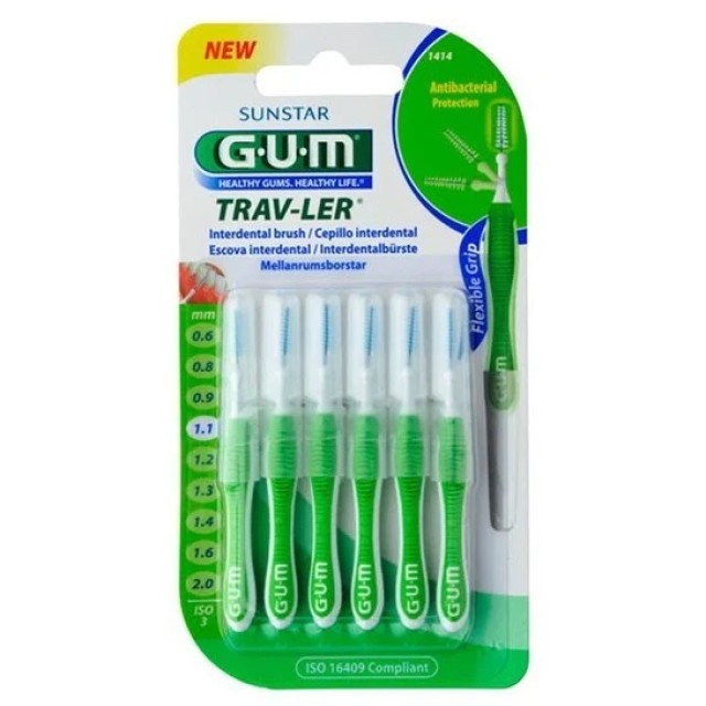 Gum Trav-ler Interdental Brush (1414) Μεσοδόντιο Βουρτσάκι 1.1mm Πράσινο, 6τεμ