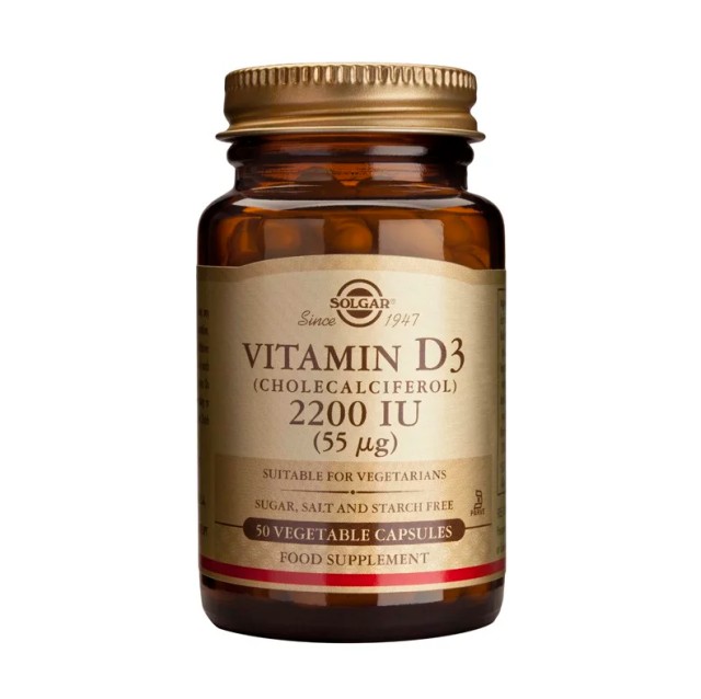 Solgar Vitamin D3 2200IU (55μg), Συμπλήρωμα Βιταμίνης D3, 50 φυτικές κάψουλες