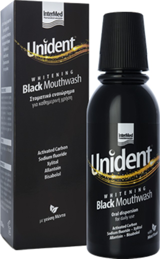 Intermed Unident Whitening Black Mouthwash Λευκαντικό Στοματικό Διάλυμα Με Ενεργό Άνθρακα Καθημερινής Χρήσης, 250ml
