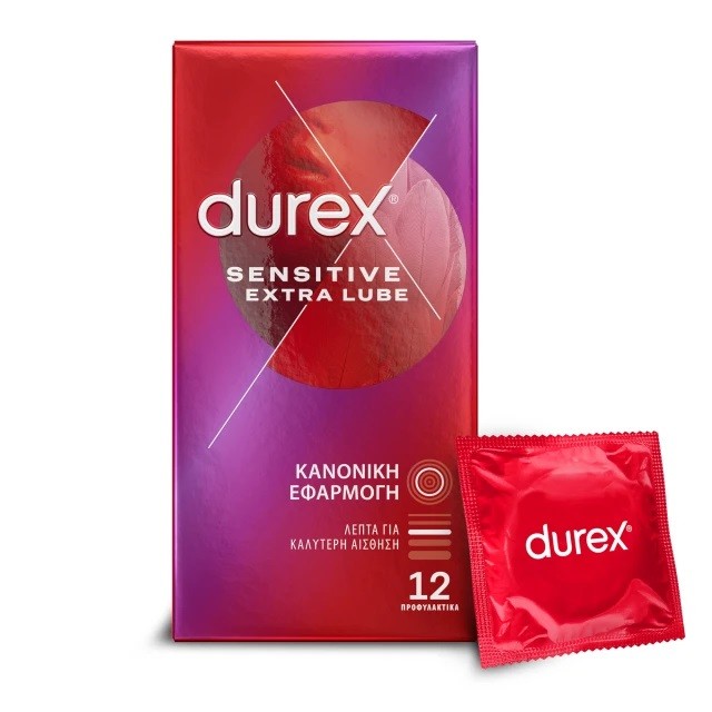 Durex Sensitive Extra Lube, Λεπτά Προφυλακτικά Με Κανονική Εφαρμογή Για Καλύτερη Αίσθηση, 12τμχ