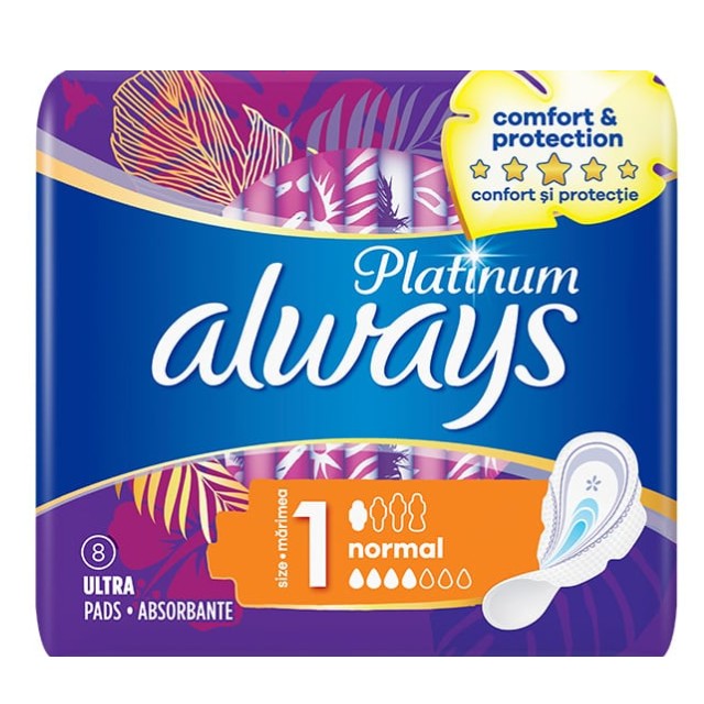 Procter & Gamble Always Platinum Normal Σερβιέτες με Φτερά Size 1 8τμχ