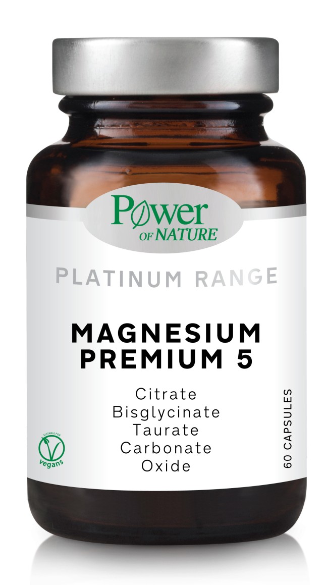 Power Of Nature Platinum Range Magnesium Premium 5, Συμπλήρωμα Διατροφής για το Μυϊκό & Νευρικό Σύστημα, 60caps