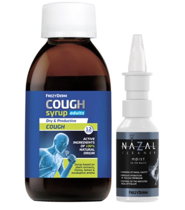FREZYDERM Πακέτο Cough Syrop Adults Σιρόπι Για Τον Βήχα Για Ενήλικες, 182gr + Nazal Cleaner Moist Ρινικό Σπρέι, 30ml