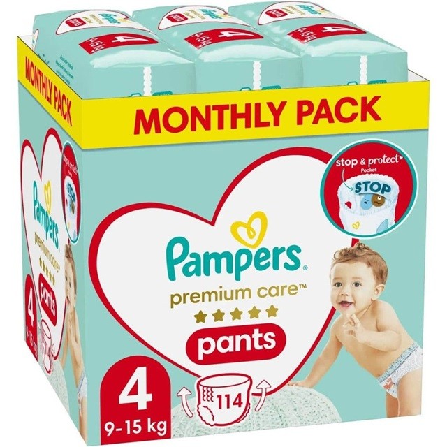 Pampers Premium Care Pants Monthly Pack No4 Πακέτο Πάνες Βρακάκι (9-15kg), 114 Τεμάχια