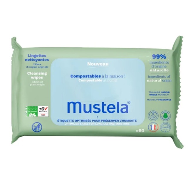 Mustela Cleansing Wipes Compost Μαντηλάκια Καθαρισμού 60 Τεμάχια