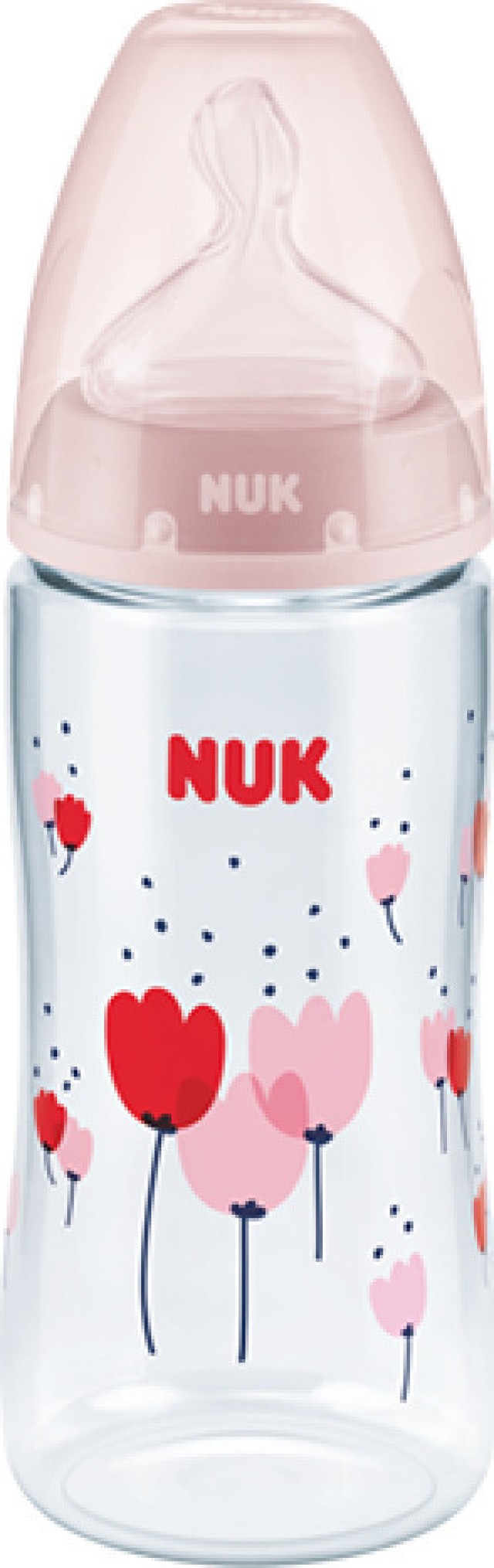 NUK Μπιμπερό Πλαστικό 6-18m First Choice+ Με Θηλή Σιλικόνης & Δείκτη Ελέγχου Θερμοκρασίας Ροζ Με Τουλίπες  (10.741.940), 300ml