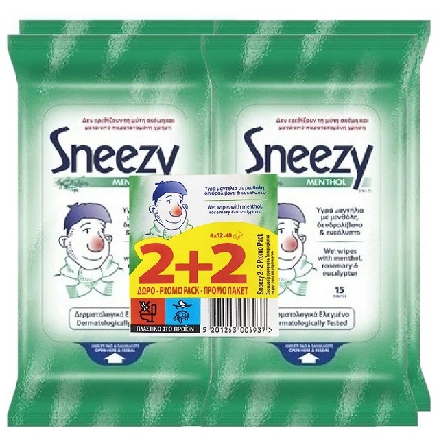 Sneezy Πακέτο Menthol Wet Wipes Υγρά Μαντηλάκια Για Το Κρυολόγημα, 48τμχ(4x12τμχ)