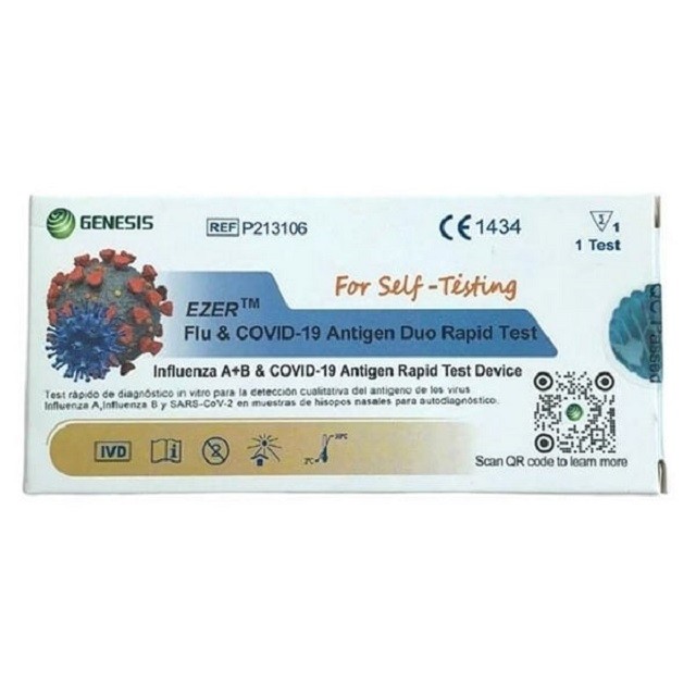 Genesis Ezer Flu & Covid-19 Antigen Duo Rapid Test Nasal Τεστ Ανίχνευσης Covid & Γρίπης Α+Β, 1τμχ