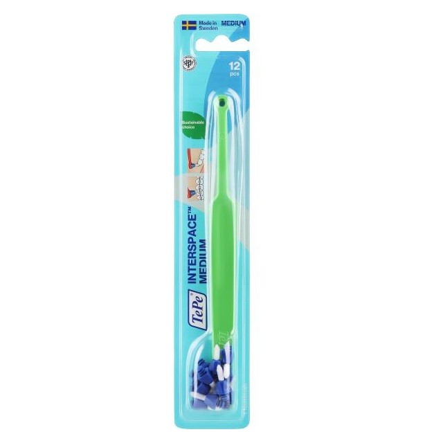 TePe Interspace Medium Μέτρια Οδοντόβουρτσα Σε Πράσινο Χρώμα Με Μπλε Ανταλλακτικά, 12 Τεμάχια