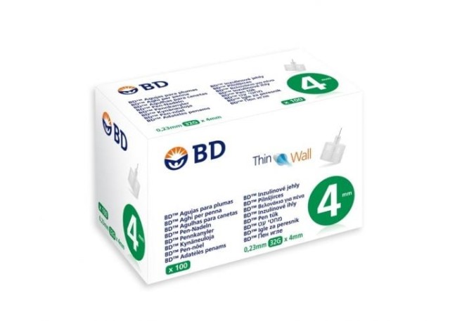 BD Thin Wall Αποστειρωμένες Βελόνες Για Πένες Ινσουλίνης 4mm x 0.23mm (32G), 100τμχ