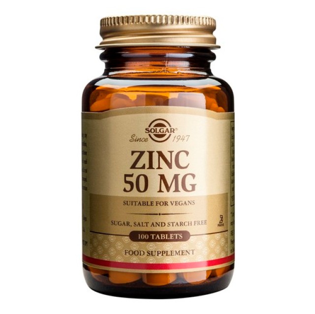 Solgar Zinc Gluconate 50mg, Συμπλήρωμα με Ψευδάργυρο, 100 Φυτικές Ταμπλέτες