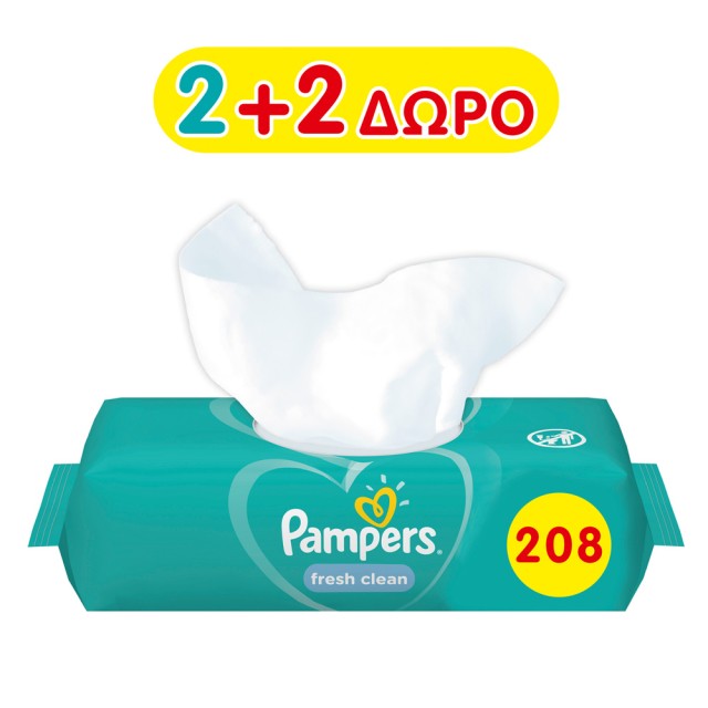 Pampers Fresh Clean Wipes Μωρομάντηλα Με Υπέροχο Άρωμα Φρεσκάδας (2+2 Δώρο), 208 Τεμάχια