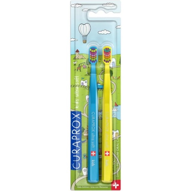 Curaprox Kids Ultra Soft Πακέτο Οδοντόβουρτσες Μπλε/Κίτρινο 2 τμχ