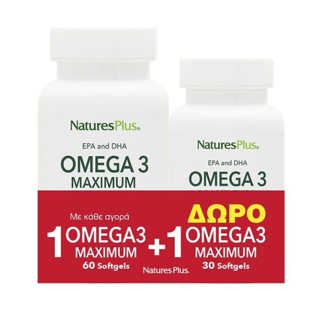 Natures Plus Πακέτο Omega 3 Maximum 60 Mαλακές Κάψουλες & Δώρο 30 Mαλακές Κάψουλες