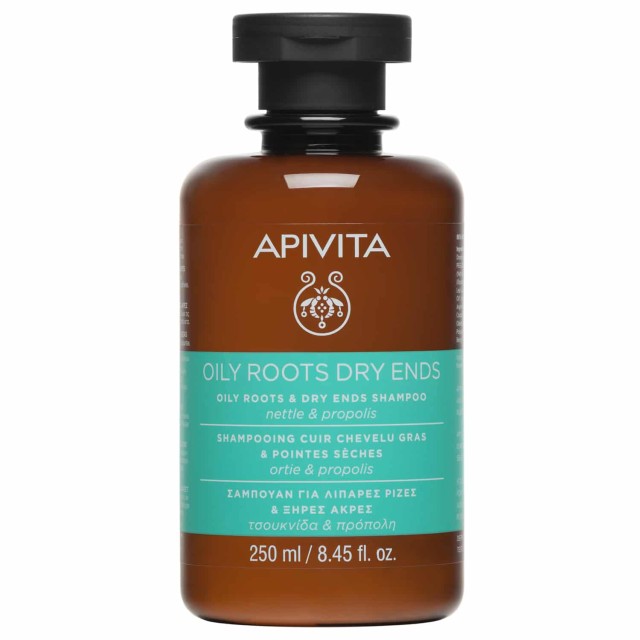 APIVITA Oily Roots & Dry Ends Shampoo with Nettle & Propolis, Σαμπουάν Εξισορρόπησης για Λιπαρές Ρίζες και Ξηρές Άκρες, 250ml