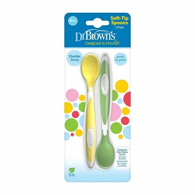 Dr. Browns Soft-Tip Spoons, Κουταλάκια Ταΐσματος Μαλακά Από 4m+, Κίτρινο/Πράσινο, 2τμχ