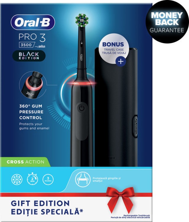 Oral-B Ηλεκτρική Οδοντόβουρτσα Pro 3 3500 Cross Action Black Edition Travel Case Mε Αισθητήρα Πίεσης 360° & Θήκη Ταξιδιού, 1τμχ