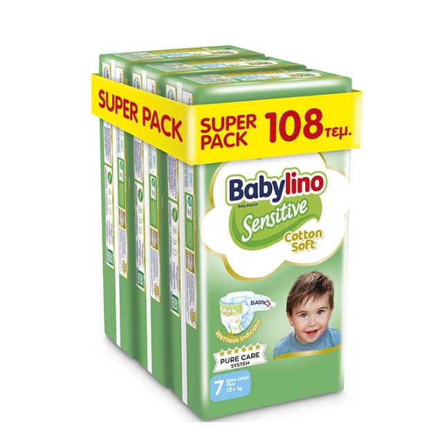 Babylino Sensitive Cotton Soft Super Pack Extra Large Plus Νο7 (15+ kg) 108 Τεμάχια