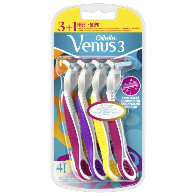 Gillette Venus 3 Multicolor Γυναικεία Ξυραφάκια μιας Χρήσης 4τμχ (3+1 Δώρο)