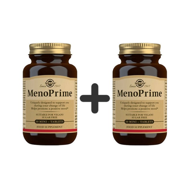 SOLGAR Πακέτο MenoPrime Συμπλήρωμα Διατροφής Για Ανακούφιση Από Τα Συμπτώματα Της Εμμηνόπαυσης 1+1 Δώρο, 30 Κάψουλες