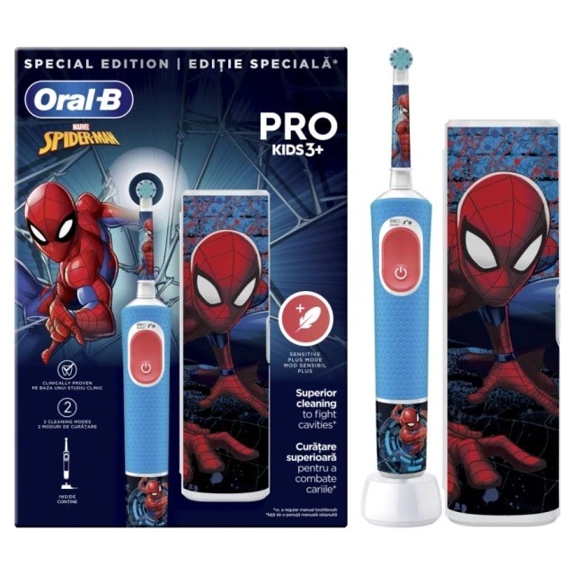 Oral-B Spider-Man Pro Kids 3+ Παιδική Ηλεκτρική Οδοντόβουρτσα Για Πολύ Απαλό Καθαρισμό Με Θήκη Ταξιδίου, 1τμχ