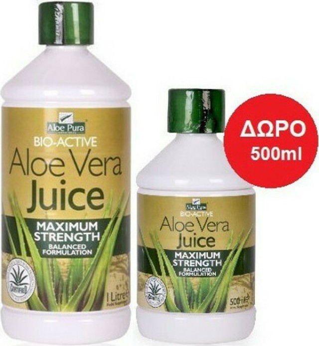 OPTIMA  Aloe Pura Συμπλήρωμα Διατροφής Χυμός Αλόης Aloe Vera Juice Maximum Strength 1lt + Δώρο Συσκευασία 500ml