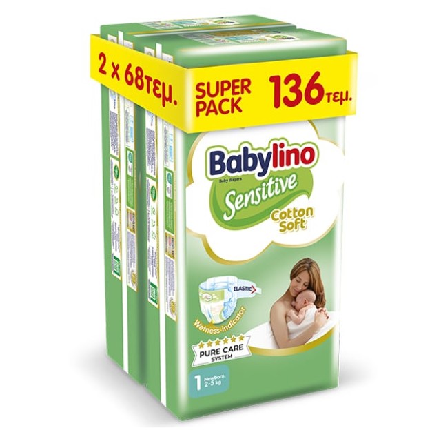 Babylino Sensitive Cotton Soft Νο.1 (2-5 kg) Super Pack Newborn 136 Τεμάχια