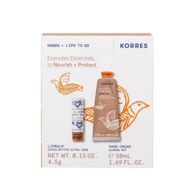 Korres Πακέτο Hands+Lips To Go Lip Balm Cocoa 4.5g & Hand Cream Almond 50ml