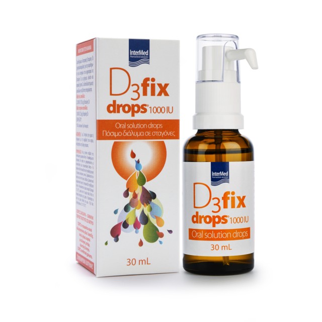 INTERMED D3 Fix Drops 1000IU Σταγόνες Συμπλήρωμα Βιταμίνης D3 Για Ενήλικες & Παιδιά Με Γεύση Βανίλια, 30ml