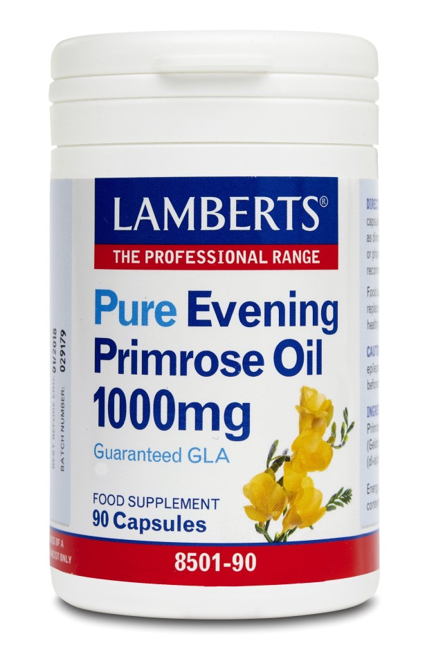 LAMBERTS Pure Evening Primrose Oil 1000mg Συμπλήρωμα Με Γ-Λινολεϊκό οξύ (GLA) Για Γυναίκες Στην Εμμηνόπαυση (8501-90), 90 Κάψουλες