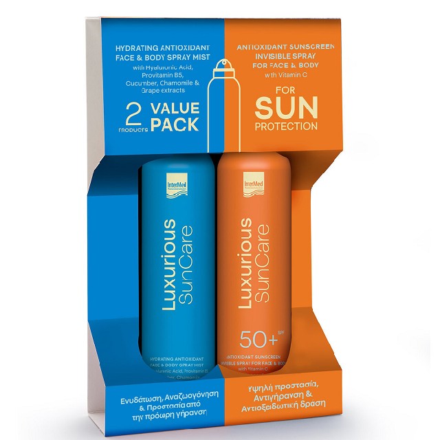 INTERMED Luxurious SunCare Πακέτο Hydrating Antioxidant Mist Για Μετά τον Ήλιο, 200ml & Antioxidant Sunscreen Invisible Spray SPF50+ Αντηλιακό Για Πρόσωπο & Σώμα, 200ml