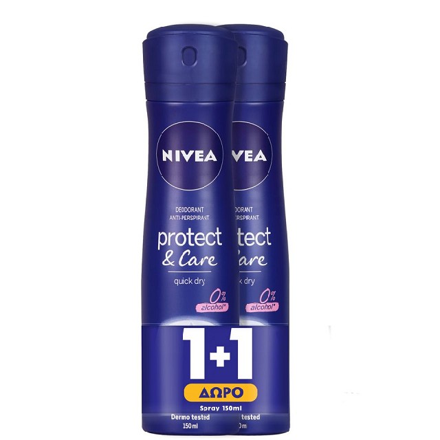NIVEA Protect & Care Πακέτο 1+1 Γυναικείο Αποσμητικό Spray 48ης Προστασίας, 2x150ml