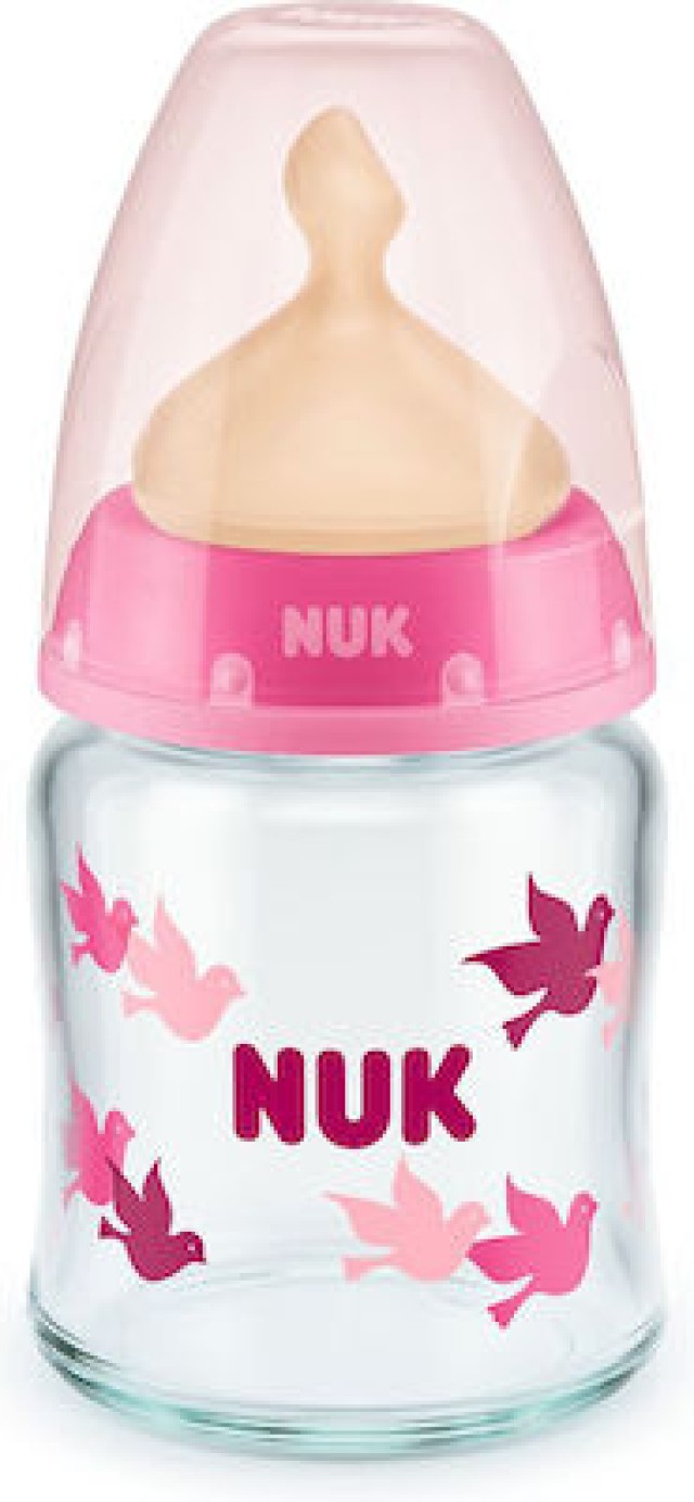 NUK Γυάλινο Μπιμπερό 0-6m First Choice Plus Με Θηλή Καουτσούκ  Ροζ Με Πουλάκια (10.747.118), 120ml