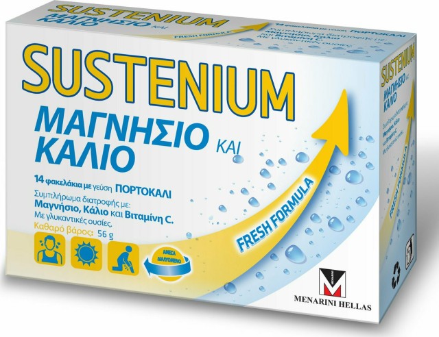 MENARINI Sustenium,Συμπλήρωμα Διατροφής Με Μαγνήσιο, Κάλιο & Βιταμίνη C 14 φακελάκια