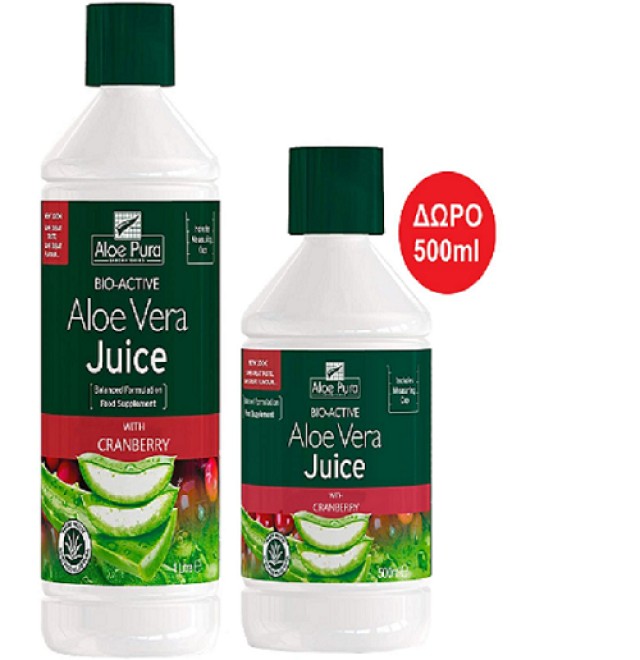OPTIMA Aloe Pura Συμπλήρωμα Διατροφής Χυμός Αλόης Με Cranberry, Aloe Vera Juice Maximum Strength 1lt + Δώρο Συσκευασία 500ml