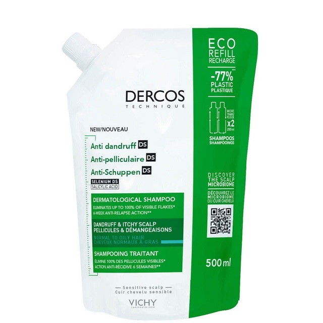 VICHY Dercos Anti-Dandruff DS Normal - Oily Hair Eco Refill Ανταλλακτικό Σαμπουάν Κατά Της Πιτυρίδας Για Κανονικά - Λιπαρά Μαλλιά, 500ml