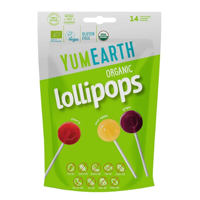 YumEarth Γλειφιτζούρια Organic Pops Γεύση Κεράσι Μήλο Σταφύλι 14τμχ