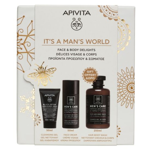 Apivita Πακέτο Its A Mans World Cleansing Gel 50ml & Face Cream 50ml & Δώρο Hair & Body Cleanser 250ml