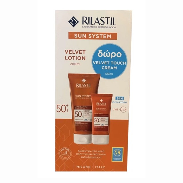 Rilastil Sun System Πακέτο Velvet Lotion Αντηλιακό Γαλάκτωμα Σώματος SPF50 200ml & Δώρο Moisturizing Velvet Cream Αντηλιακή Κρέμα Προσώπου SPF50 50ml