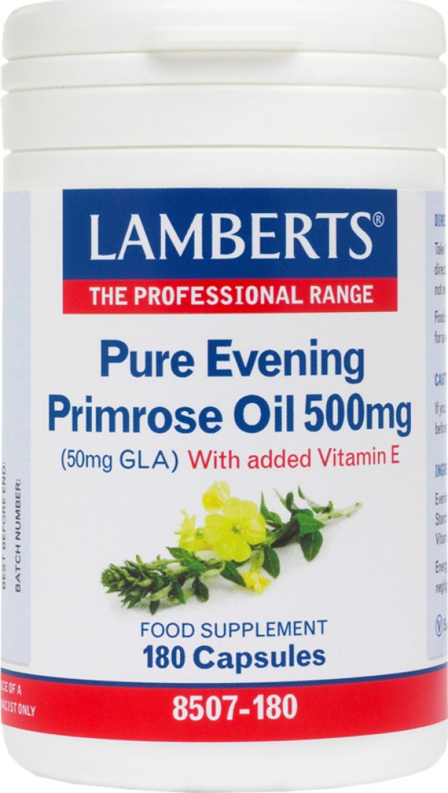 LAMBERTS Pure Evening Primrose Oil 500mg, Συμπλήρωμα με Έλαιο Νυχτολούλουδου με Βιταμίνη Ε για Γυναίκες κατά τη Διάρκεια της Περιόδου και της Εμμηνόπαυσης, 180 Κάψουλες (8507-180)