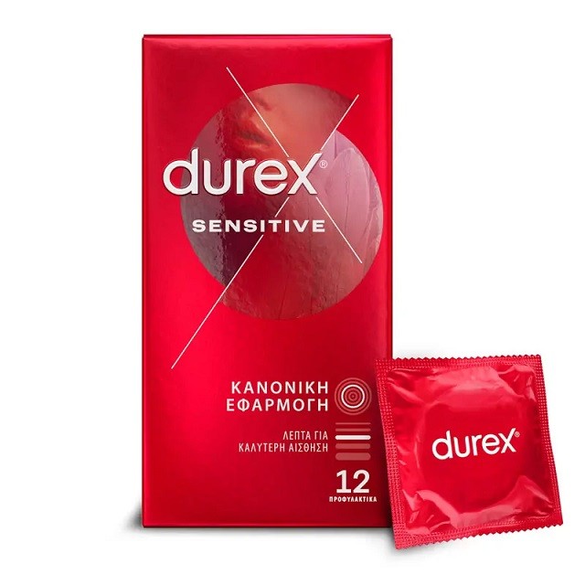 Durex Προφυλακτικά Sensitive Λεπτά Κανονική Εφαρμογή Για Μεγαλύτερη Ευαισθησία, 12 Τεμάχια