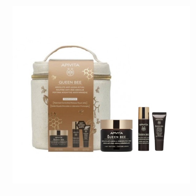 Apivita Queen Bee Πακέτο Aπόλυτης Αντιγήρανσης με Light Cream 50 ml & Δώρο Νεσεσέρ & Serum 10ml & Eyes Cream 5ml
