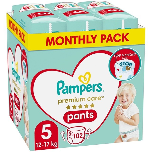 Pampers Premium Care Pants Monthly Pack No5 Πακέτο Πάνες Βρακάκι (12-17kg), 102 Τεμάχια