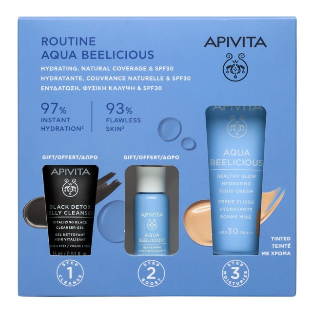 Apivita Aqua Beelicious Routine Πακέτο Cream SPF30 Tinted 40ml & Booster 10ml & Black Detox Gel 15ml