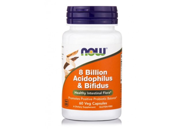 NOW FOODS 8 Billion Acidophilus & Bifidus Συμπλήρωμα Διατροφής για την Σωστή Λειτουργία του Εντέρου, 60 Κάψουλες
