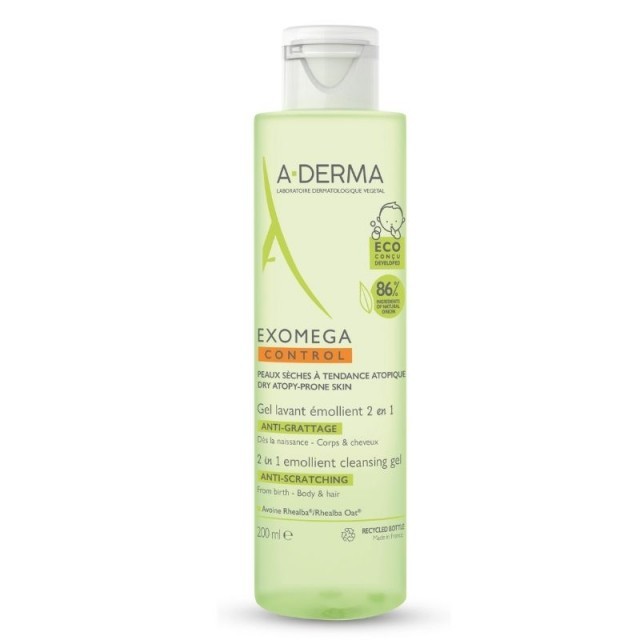 A-DERMA Exomega Control 2in1 Emollient Cleansing Gel Καθαρισμού Για Σώμα & Μαλλιά Για Ατοπικό Δέρμα, 200ml