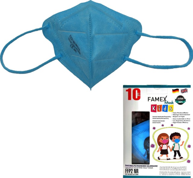 Famex KIDS Mask FFP2 NR Sky Blue, Γαλάζια Παιδική Παιδική Μάσκα Μιας Χρήσης τύπου FFP2, 10τμχ
