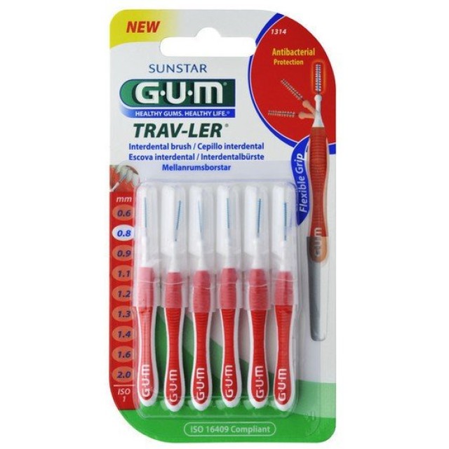 Gum Trav-ler Interdental Brush (1314) Μεσοδόντιο Βουρτσάκι 0.8mm Κόκκινο, 6τεμ