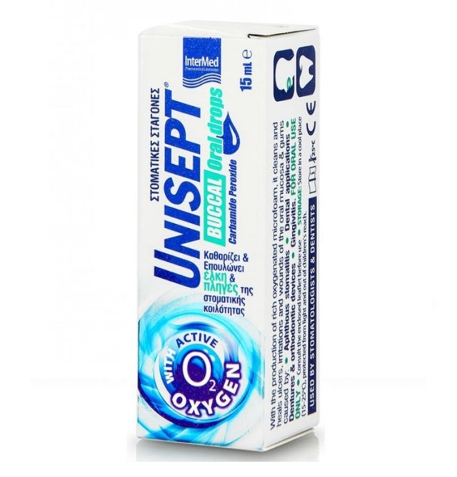 INTERMED Unisept Buccal (Oromucosal) Drops, Σταγόνες Στόματος για Καθαρισμό, Επούλωση & Ανακούφιση Ελκών & Πληγών, 15 ml